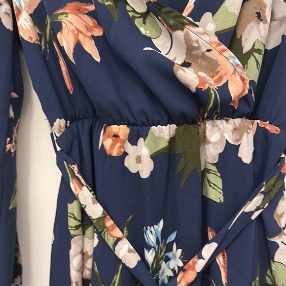 NAVY LONG SLEEVE SURPLICE SELF TIE FLORAL MINI DRESS - Picture 5 of 5